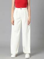 KOTTY  Women Regular Fit White Cotton Blend Trousers