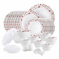 Cello Opalware Dazzle Series Red Rose Fantasy Dinner Set, 57Pcs | Opal Glass Dinner Set for 8