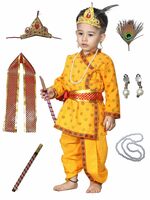 Kaku Fancy Dresses Krishna Costume for Kids, Baby Krishna Dress for Janmashtami, Kanha Dress, Krishnaleela Pure Cotton Costume, Infant Bal Gopal, Krishna Fancy Dress Costume for Boys/Girls