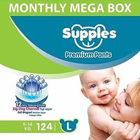 Supples Premium Diapers, Large (L), 124 Count, 9-14 Kg, 12 hrs Absorption Baby Diaper Pants(Apply 5% coupon)