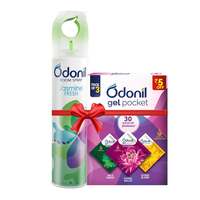 Odonil Spray & Gel Pocket Combo : Odonil Room Air Freshner Spray, Jasmine Fresh - 220 ml + Odonil Gel Pocket Mix - 30g (Assorted pack of 3 new fragrances) | For Home & Office | Long Lasting Fragrance

