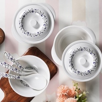 White & Blue Floral Melamine 3 Pcs Serving Dishes(Donga) Set with 2 Lids & Spoons, By Cdi