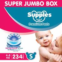 Supples Premium Diapers, Small (S), 234 Count, 4-8 Kg, 12 hrs Absorption Baby Diaper Pants 