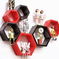 Techhark Home Décor Hexagonal Shape MDF (Medium Density Fiber) Fiber Wall Shelf, Living Room Decorative Self -(Set of 3) (Red 3pcs and Black 3pcs)