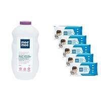 Mee Mee Fresh Feel Baby Powder, 500g & Caring Baby Wet Wipes, Aloe Vera, 72 Pieces (Pack of 5) Combo