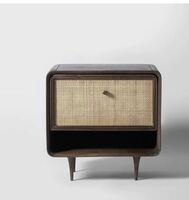 THE GILETEEN Bedroom Wooden Bedside Table, Modern Ultra-Thin Rattan Bedroom Bedside Table, Living Room Furniture with Brass Handles, Open Storage Compartment,