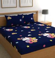 CG HOMES Bed Sheet, Bedsheet for Double Bed, Double Bedsheet, Printed Flat Bedsheet Set, Budget Friendly Bed Sheet for Double Bed (Blue Unicorn)