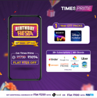Times Prime Birthday Week-Flat Rs.725 off +Flat Rs 250 Cashback on Times Prime Power Pack