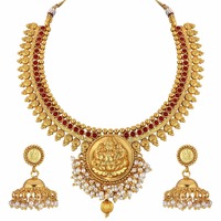 Peora Temple Jewellery 18K Gold Plated Goddess Laxmi Pearl Necklace with Jhumki Earrings for Women Girls