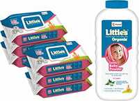 Little's Soft Cleansing Baby Wipes Lid, 80 Wipes (Pack of 6) & Organix Gentle Baby Powder, 400g, White