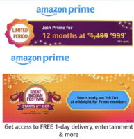 Limited Period offer 1 Year Amazon Prime @Rs.999 (Specific users)