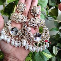 Gold White Pearl Mirror cut Chandbali Earrings