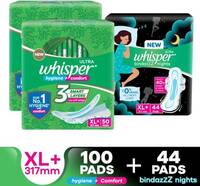 Whisper Combo of Ultra Clean and Bindazz Nights XL+ for Women Sanitary Pad  (Pack of 144)