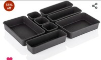 E-COSMOS Plastic Interlocking Cutlery Drawer Desk Organizer Divider Tray (Dark Grey) (8 Pieces) 