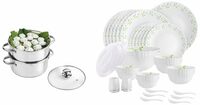 cello Tropical Lagoon 37 pcs Dinner Set & Cello Steelox Induction Compatible Stainless Steel Multi Purpose Steamer/Modak Maker with Glass Lid, 18Cm