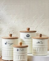 Home Centre Mirage Cream-Colored & Brown Printed Iron Namkeen Canister With Mango Wood Lid on Myntra