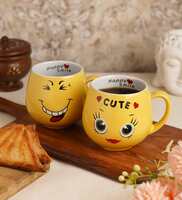 Yellow Quotes Printed 300 ml Ceramic (Set of 2) Coffee Mug,