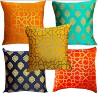 PINK PARROT Dupion Silk 150TC Cushion Cover, 16x16 Inch, Multicolour, Set of 5