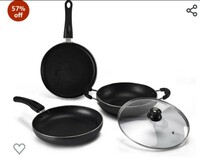 Lifelong Popular Non-Stick Cookware Set, 3-Pieces, Black/Grey (Induction and Gas Compatible)