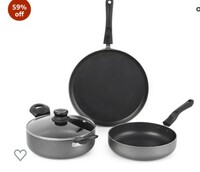 Cello 3Pcs Prima Non-Stick Cookware Set Induction Base 220mm Kadhai, Fry Pan 220, 280mm Non Stick Dosa tawa with Glass Lid, Hammertone 