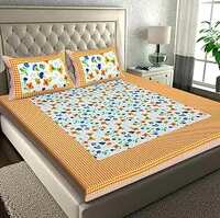 RajasthaniKart® Pure 100% Cotton Double Bed Sheet with 2 Pillow Covers (Bedsheet for Double Bed Cotton, Orange Flower Jaipuri, King Size,5193)