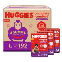 Huggies Complete Comfort Wonder Pants Large (L) Size Baby Diaper Pants Sumo Pack, 192 count, with 5 in 1 Comfort