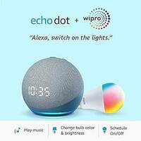 Echo Dot (4th Gen, Blue) with clock combo with Wipro 9W LED smart color Bulb 
