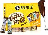 Bevzilla 24 Flavoured Coffee Sachets & Frother Coffee Kit (24 X 2 Gram Sachets) | Makes 24 Cups | 6 Sachets Each Flavour | Turkish Hazelnut, Colombian Gold, French Vanilla & English Butterscotch | 100% Arabica Coffee