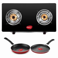 Pigeon by Stovekraft 2 Burner Glass Cook Top Gas Stove, Tawa with Stainless Steel Body and Nonstick Fry Pan Cookware Combo