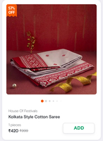 Lowest - Kolkata Style Cotton Saree 10min Delivery 