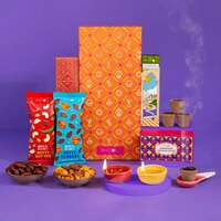 Phool Diwali gift hamper - Shubh Diwali (Combo Gift Pack - 6) Diwali sweets with dry Fruits and Nuts, Ceramic Diyas & Cotton Wicks, Incense Havan cups, Diwali gift Card & Free Cermaic Stand - PHOOL LUXURY INCENSE.