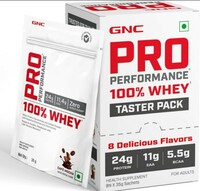 [324 coupon] GNC Pro Performance 100% Whey Taster Pack | 8 Flavours x 35g Single-Serve Sachets | Muscle Growth & Recovery | Mango | Vanilla | Chocolate Flavors | Café Mocha | Kulfi | Strawberry | Kesar Pista