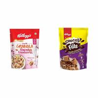 Kellogg's Crunchy Granola Almonds & Cranberries 140g Multigrain Breakfast Cereal + Kellogg's Chocos Fills Double Chocolaty, 3 Grains: Oats, Wheat & Rice, Protein & Vitamin Rich, 0% Maida