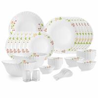 Cello Opalware Dazzle Series Secret Garden Dinner Set, 35 Units | Opal Glass Dinner Set for 6 | Light-Weight, Daily Use Crockery Set for Dining | White Plate and Bowl Set