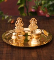 Gold Metal Pooja Thali With Idols Incense Holder And Diya, By CraftVatika