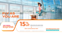 Air India Express-Flat 15% Off on International and Domestic Flights + Zero Convenience Fee