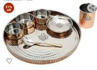 Taluka Copper Steel Hand Made Kitchen Plate/thali Dinner Set, Brown, 7 Piece 