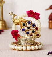 Peacock With Stones Gold Iron Tea Light Holder,  By eCraftIndia
