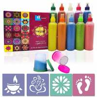 Ascension 10 Rangoli Powder Colors Bottles 4 Stencils and 2 Fillers Design Creativity Diwali Floor Rangoli Art Colours Rangoli Color Powder Rang for Navratri Pongal Pooja Mandir