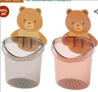 Limited-time deal: KBS Toothbrush Holder Tumbler Stand Rack Shelf Wall Mounted with Self Adhesive Teddy Bear Magic Sticker No Need to Drill Bathroom Storage Organizer Accessories (Pack of 2) 