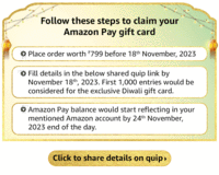 Place order worth ₹799 ,share details to claim amazon pay gift card