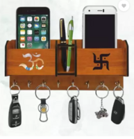 KK CRAFT Om Swastik Wooden Key Holder With Two Storage Box Wood Key Holder  (7 Hooks, Brown)
