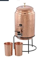 Shankar & Sons Yuvika 5 Liter Copper Water Dispenser Matka Tank Pot with Lid, 2 Glass and Iron Stand, in Hammered Design - 5000 ml 