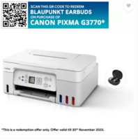 Canon PIXMA MegaTank G3770 BK All-in-one (Print, Scan, Copy) WiFi Inktank Colour Printer (Black 6000 Prints and Colour 7700 Prints) and Get Blaupunkt Earbuds Free on Redemption