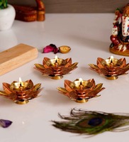 Golden Floral Shape Metal Diya Set Of 4, By eCraftIndia