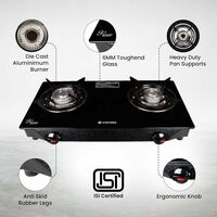 Candes Toughened Glass 2 Burner Gas Stove | Manual Ignition & Die Cast Alloy Tornado Burner | LPG Gas Stove |ISI Certified | Gas for kitchen | 300 Days Warranty| Black