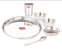 Attro 6 Pieces Smart Stainless Steel Dinnerware/Dinner Set - 1 Thali, 1 D.Plate, 2 Bowl, 1 Glass, 1 Spoon,[50 coupon]