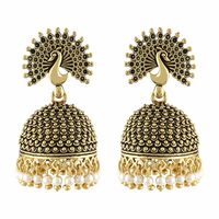 MEENAZ Traditional Wedding Temple Jewellery 22kt Gold oxidised Meenakari Ethnic Antique South Indian Round Pearl Feather Peacock Jhumka Earrings set For Women - M572