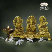 Shubhkart Nitya Ganesh Saraswati Idol with Diya Lamp Statue - 188 g Decorative Showpiece - 10.5 cm  (Metal, Yellow)