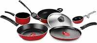 Pigeon Favourite 7 Piece Gift Set Non-Stick Coated Comes with Fry Pan, Kadhai, Lid, Sauce Pan, Spatula, Tadka Pan and a Tawa - Gas Stove Compatible (Red)
